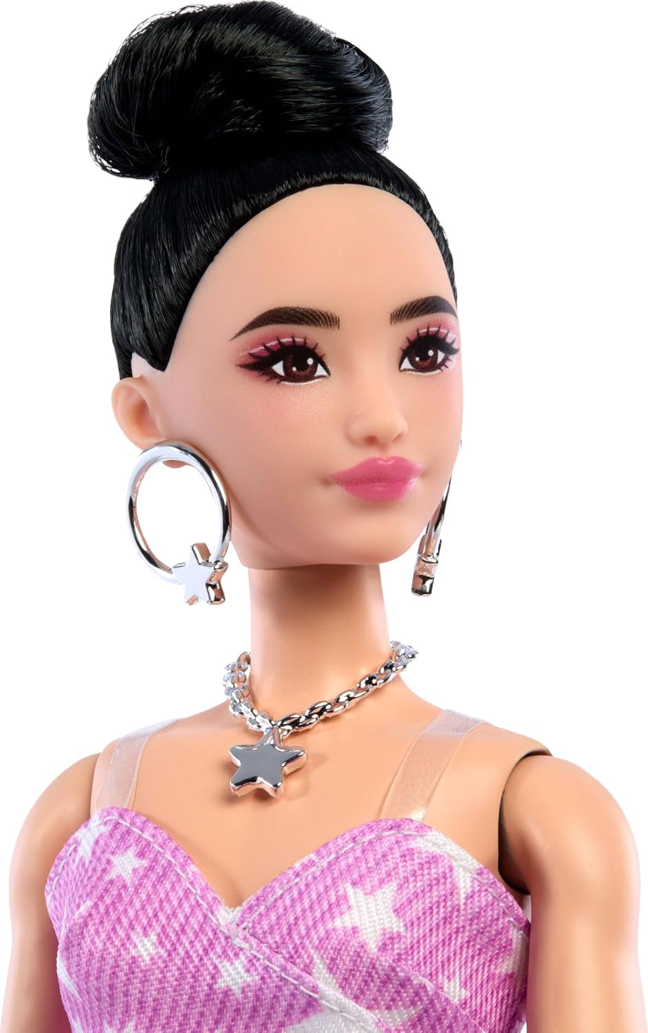 Barbie Deluxe Style Doll #11 in Pink Denim Star-Print Dress with Matching Tights, Black Hair in High Bun, Accessories like Handbag and Jewelry, JJN71