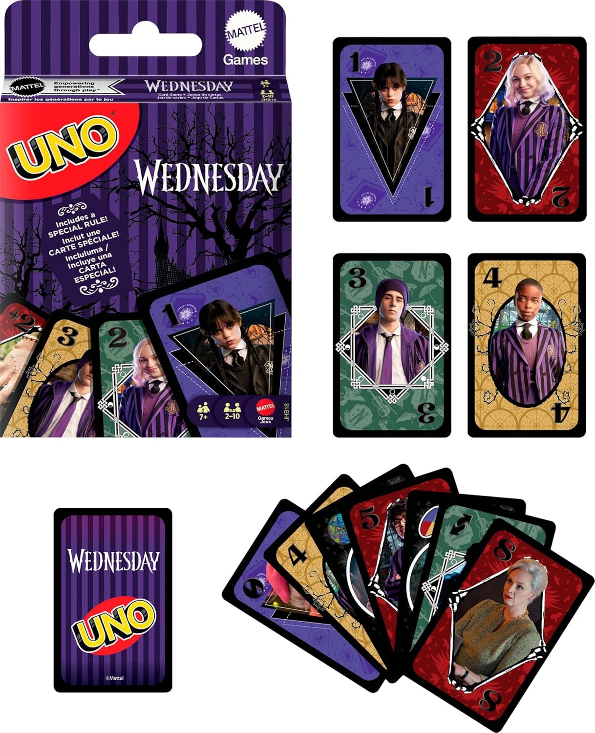 UNO Wednesday Card Game for Kid, Adult & Family Nights, Parties, Travel & Camping, Toy Collectible Inspired by the Series, JHB18