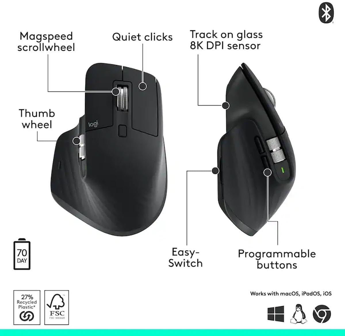 Logitech MX Master 3S Mouse 8K DPI Quiet Click Black image 0