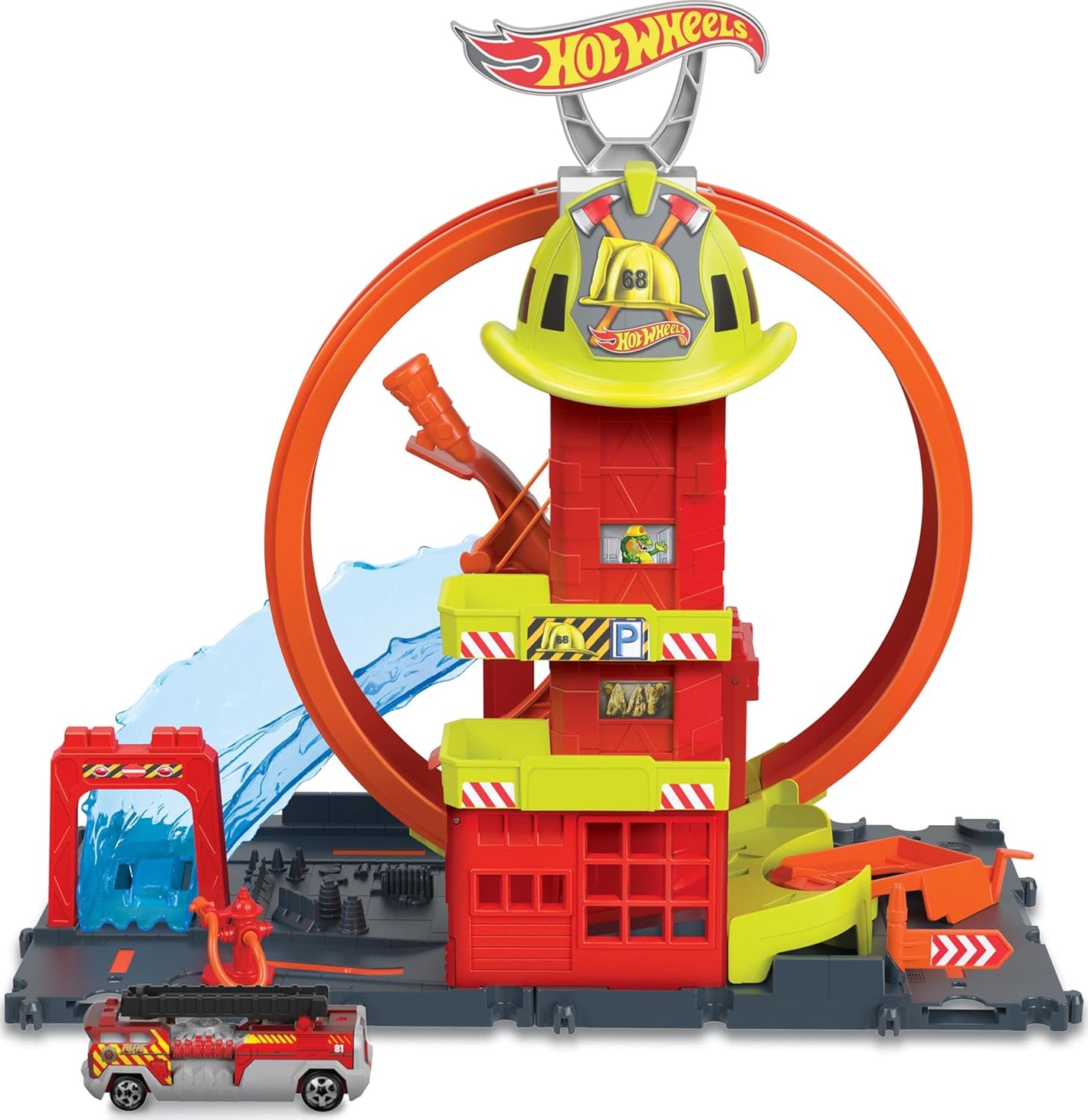 Circuit de voitures miniatures Hot Wheels City, caserne de pompiers Super Loop et camion de pompiers