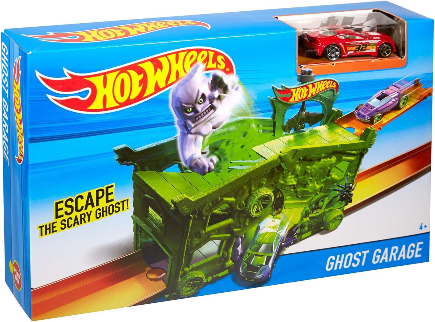 Circuit de jeu Hot Wheels Ghost Garage avec voiture et piste dépliable