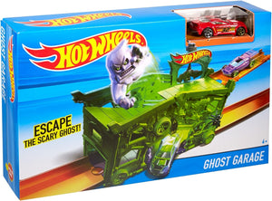 Circuit de jeu Hot Wheels Ghost Garage avec voiture et piste dépliable