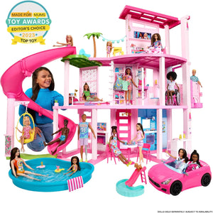 Maison de rêve Barbie, maison de 3 étages avec 10 aires de jeux, dont piscine et toboggan.