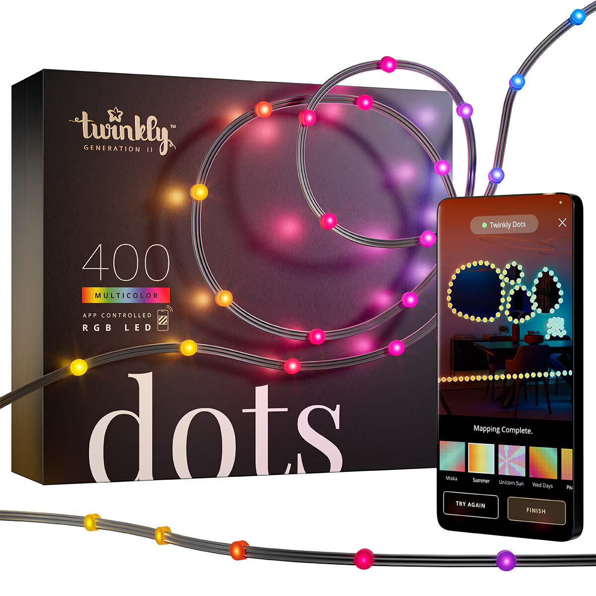 66 Ft (20M) Twinkly Generation II 400 App Controlled Multicolour Dots RGB LED Lights