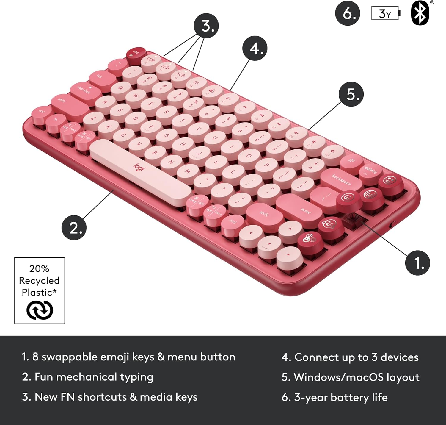 Logitech POP Mechanical Wireless Keyboard with Emoji Keys – Rose image 3