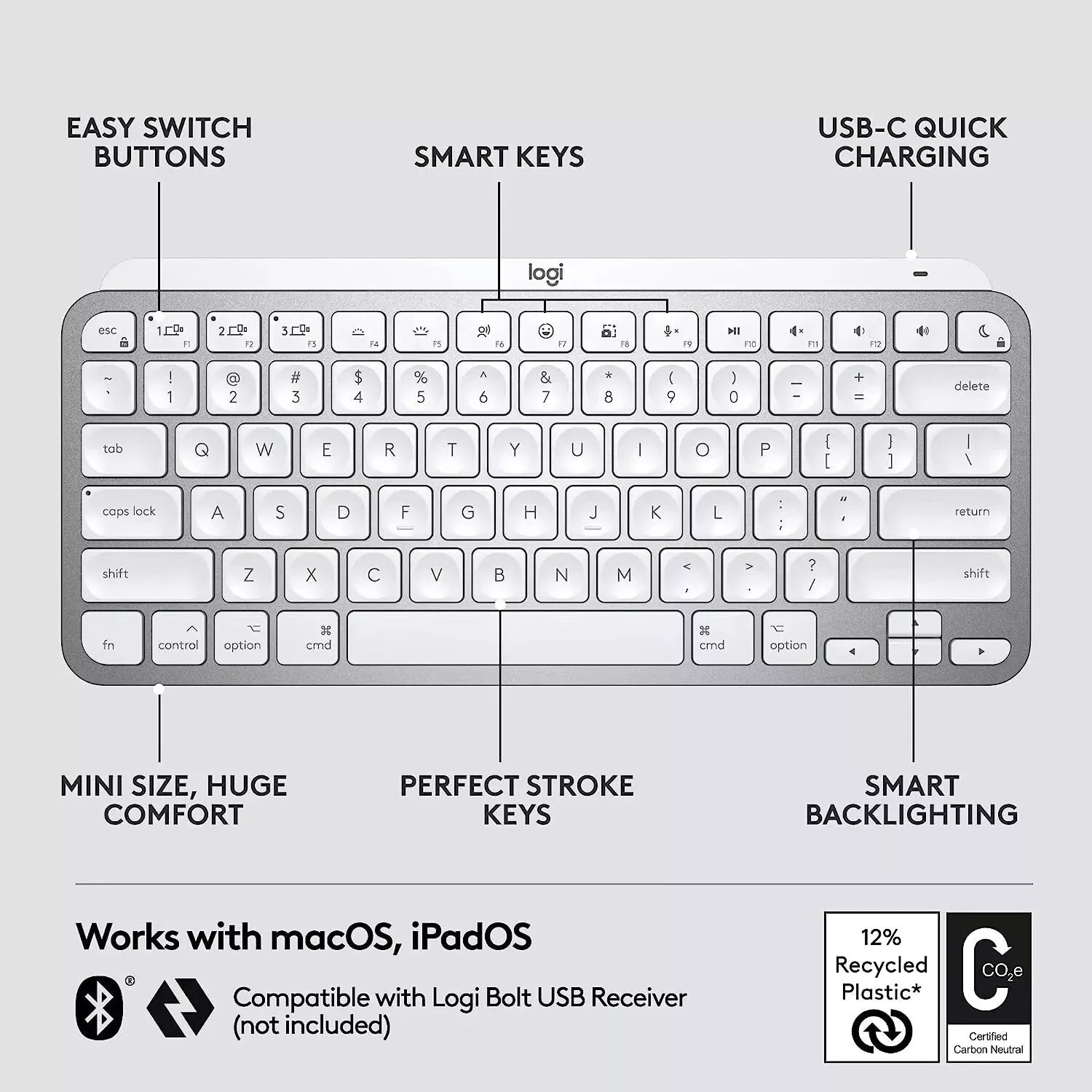 Logitech MX Keys Mini for Mac Minimalist Illuminated Keyboard, Compact US LAYOUT image 6