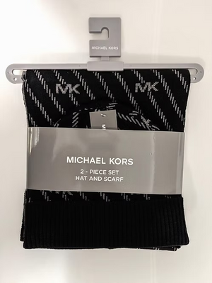 Michael Kors Hat & Scarf 2-Piece Set Black/Grey Twill Logo Monogram