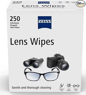 ZEISS Premium Pre-Moistened Lens Wipes | 250 Individually Wrapped | Alcohol-Free | Safe for Coated Lenses