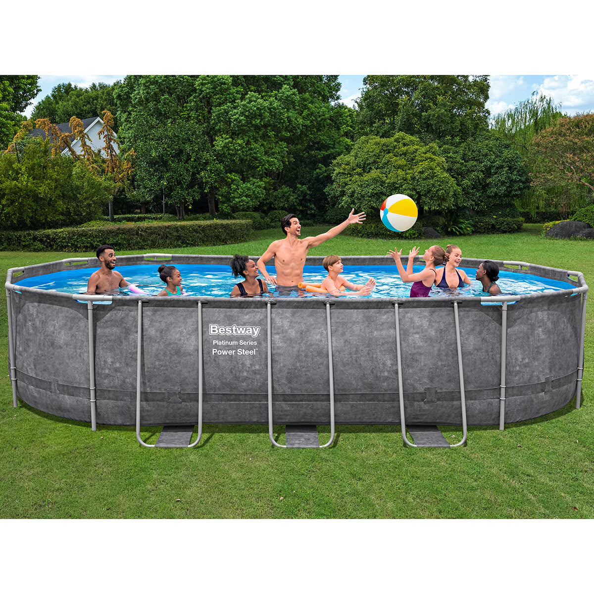 Bestway 20Ft X 12Ft Platinum Series Power Steel Oval Frame Pool with Sand Filter Pump and Solar Powered Pool Pad