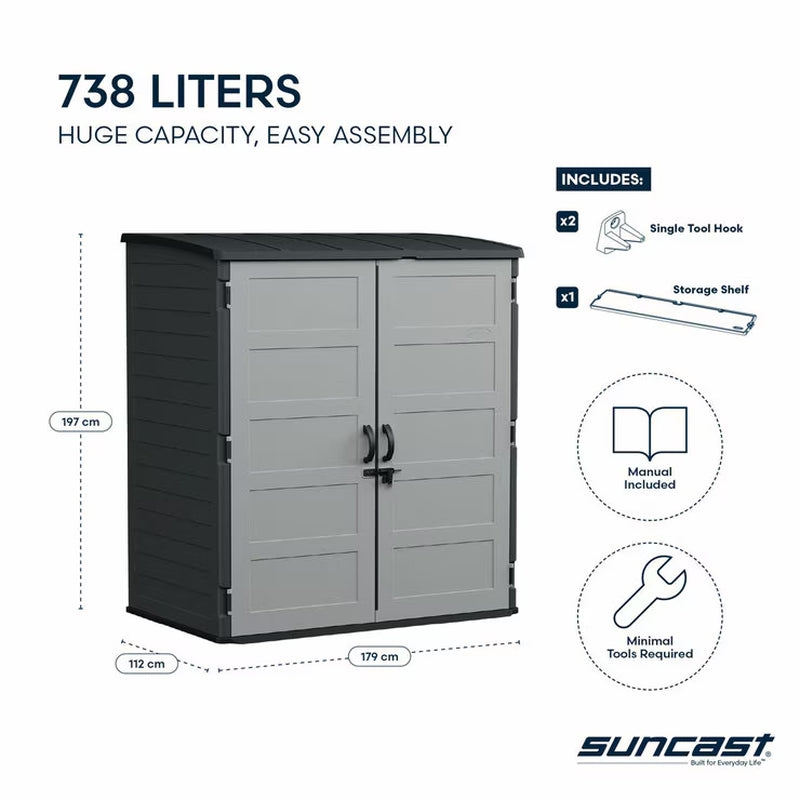 Suncast 5Ft 8" X 3Ft 6" (1.7 X 1.1M) 3,000 Litre Vertical Storage Shed with Shelves and Tool Hooks