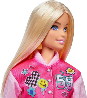 Barbie I Love School Fashion Doll | Pink Varsity Jacket & Plaid Skirt | 7 Accessories