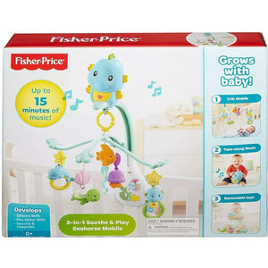 Fisher-Price 3-in-1 Soothe & Play Seahorse Mobile | 15 Min Music | 4 Rattles | Portable Seahorse
