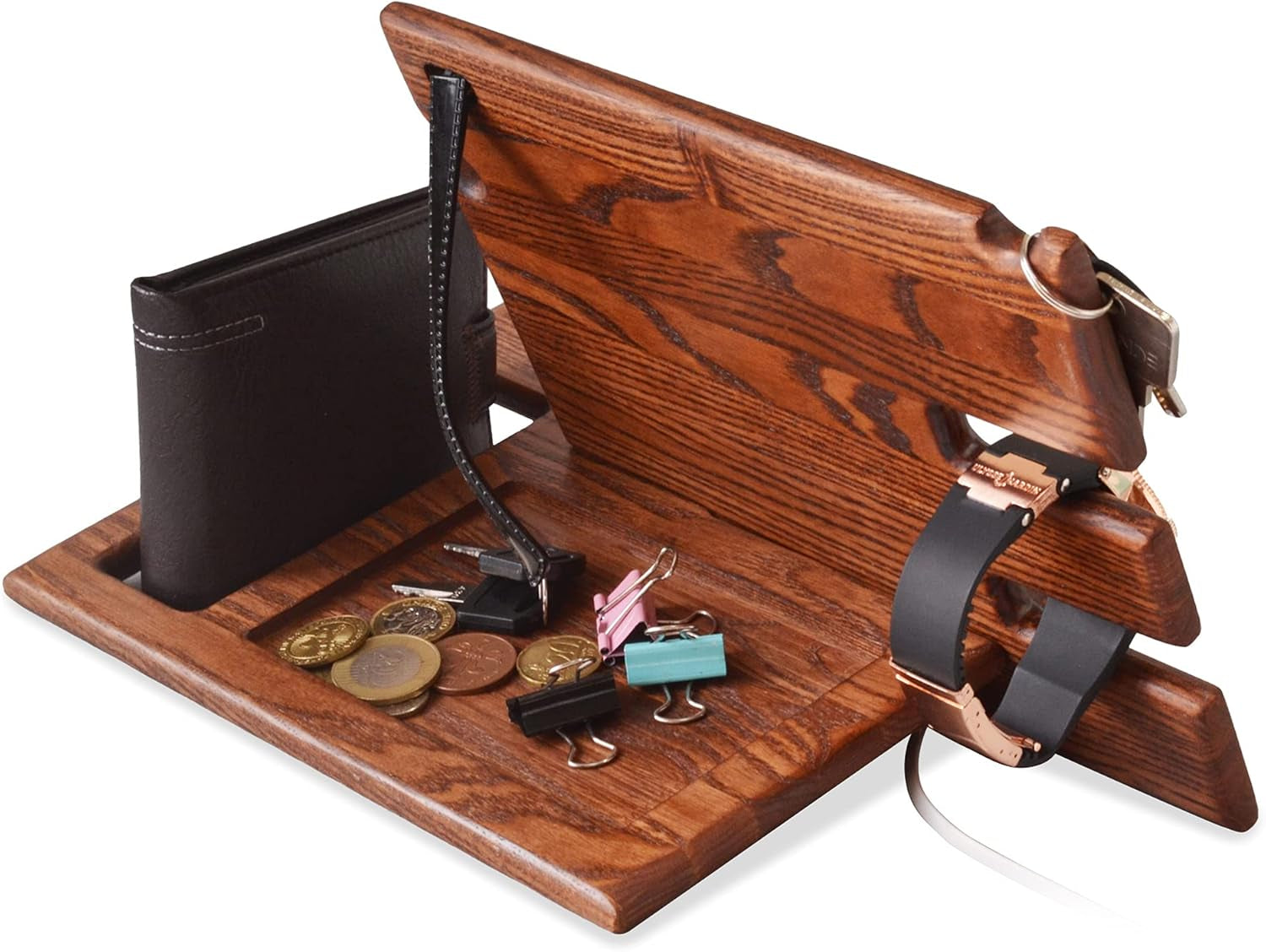 Gifts for Men Wood Phone Docking Station Fathers Gifts Key Holder Wallet Stand Watch Organizer Xmas Gift Anniversary Dad Birthday Nightstand Father Gift for Him (Beige)