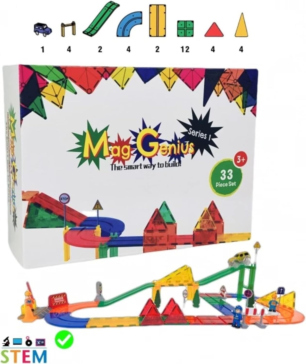 Mag-Genius Magnetic Building Block Tiles 33 Pc 3D Race Car Track Set image 0