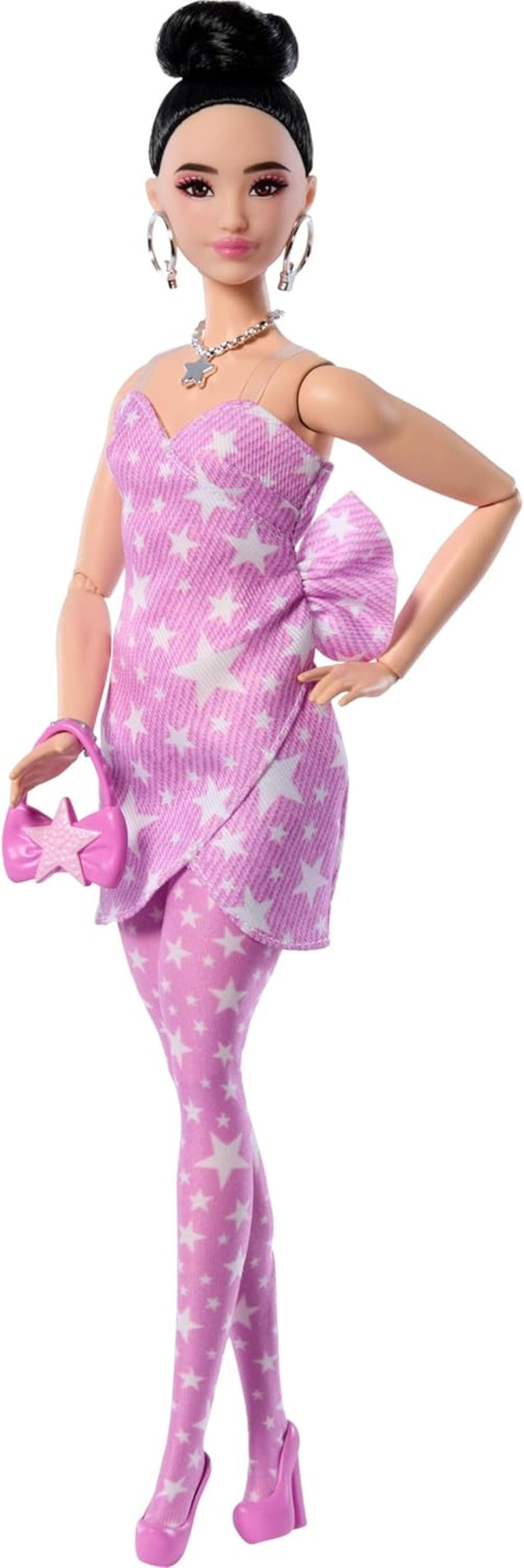 Barbie Deluxe Style Doll #11 in Pink Denim Star-Print Dress with Matching Tights, Black Hair in High Bun, Accessories like Handbag and Jewelry, JJN71