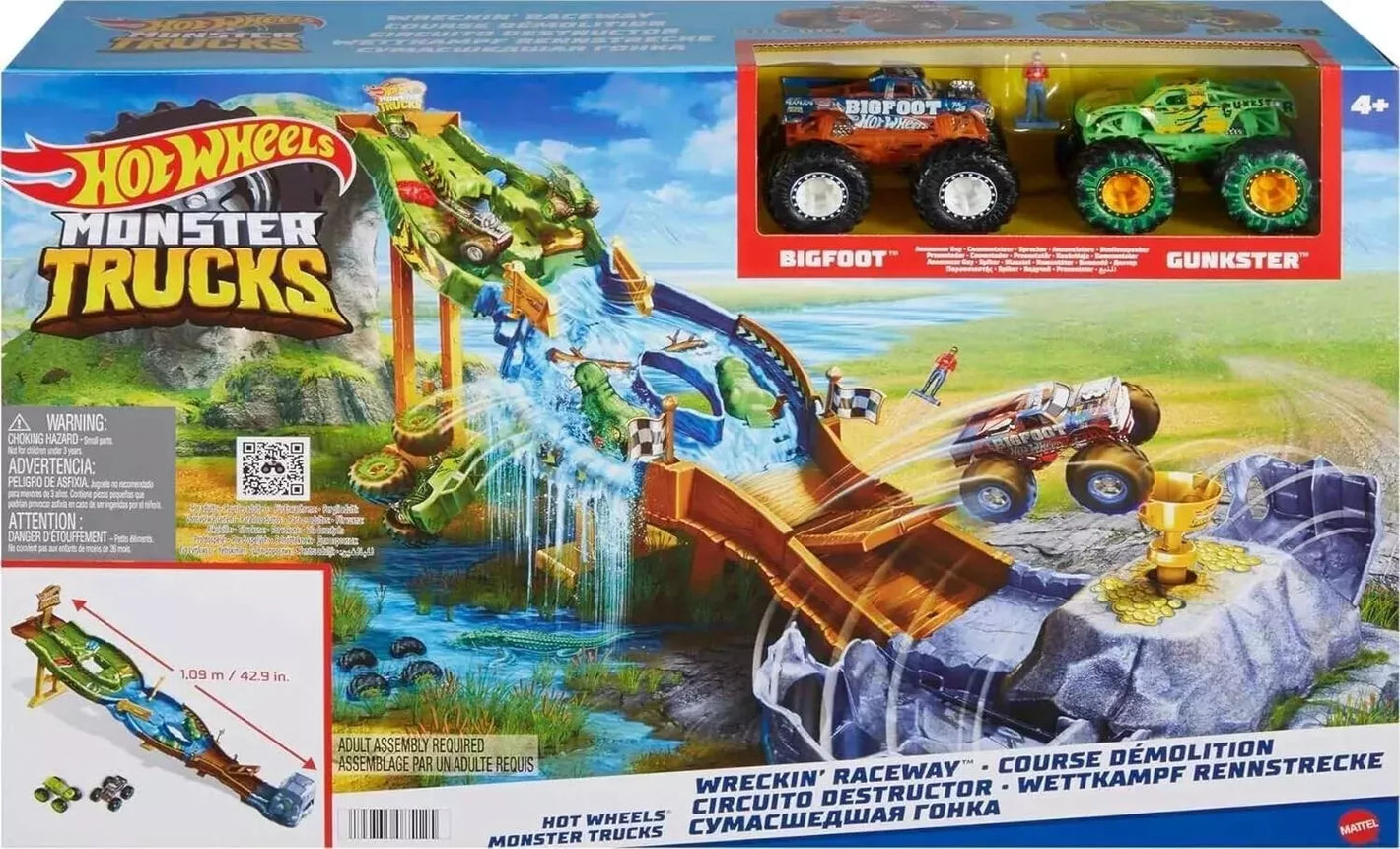 Hot Wheels Monster Trucks Wreckin' Raceway with 2 Toy Trucks Bigfoot & Gunkster image 0