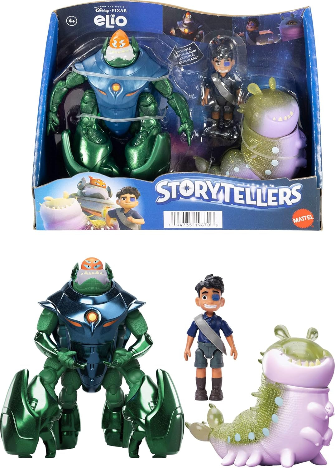 Disney and Pixar Elio Action Figure Storyteller 3 Pack, Elio, Ambassador Grigon and Glordon Characters, Posable Movie Toys at 4-In Scale