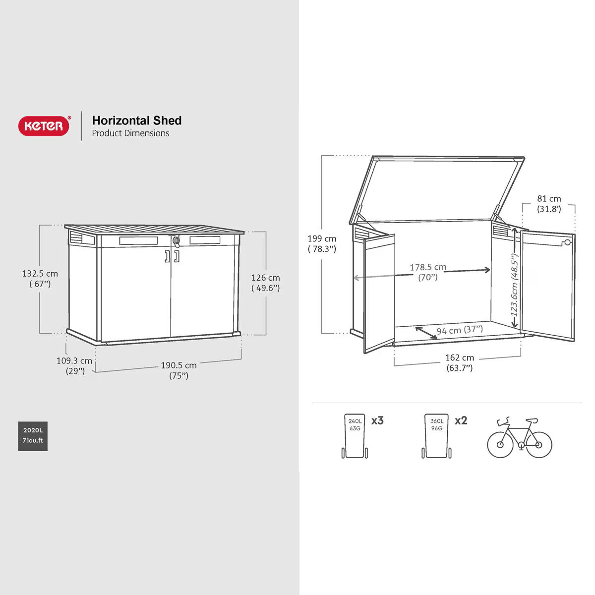 Keter Rosewood Horizon 6Ft 3" X 3Ft 7" (1.9 X 1.1M) Horizontal 2,020 Litre Storage Shed