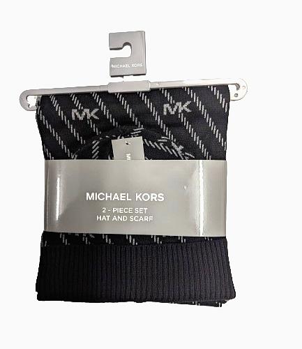 Michael Kors Hat & Scarf 2-Piece Set Black/Grey Twill Logo Monogram image 0