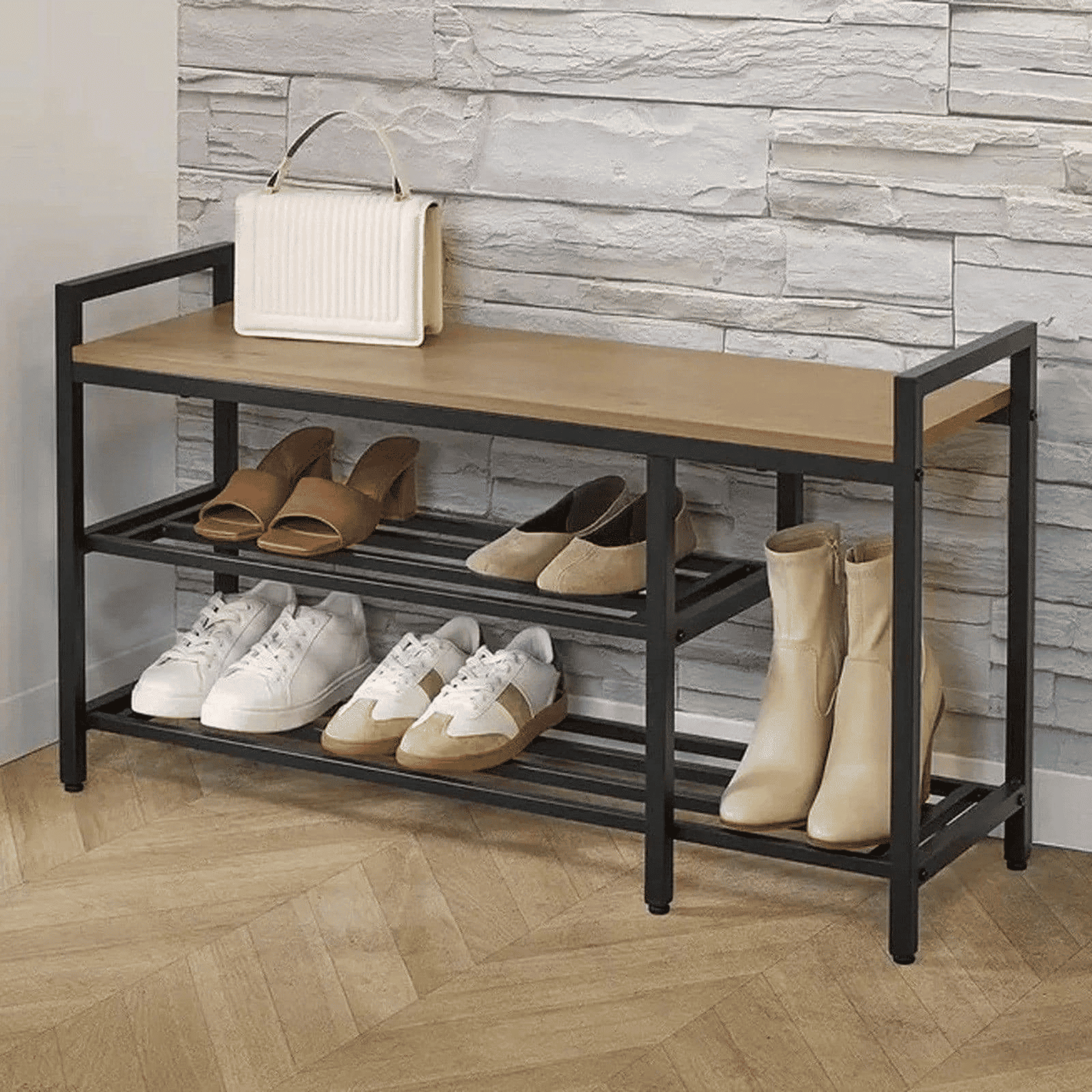 Neatfreak Entryway Shoe Bench with Wood Top & 2-Tier Metal Shelves image 0