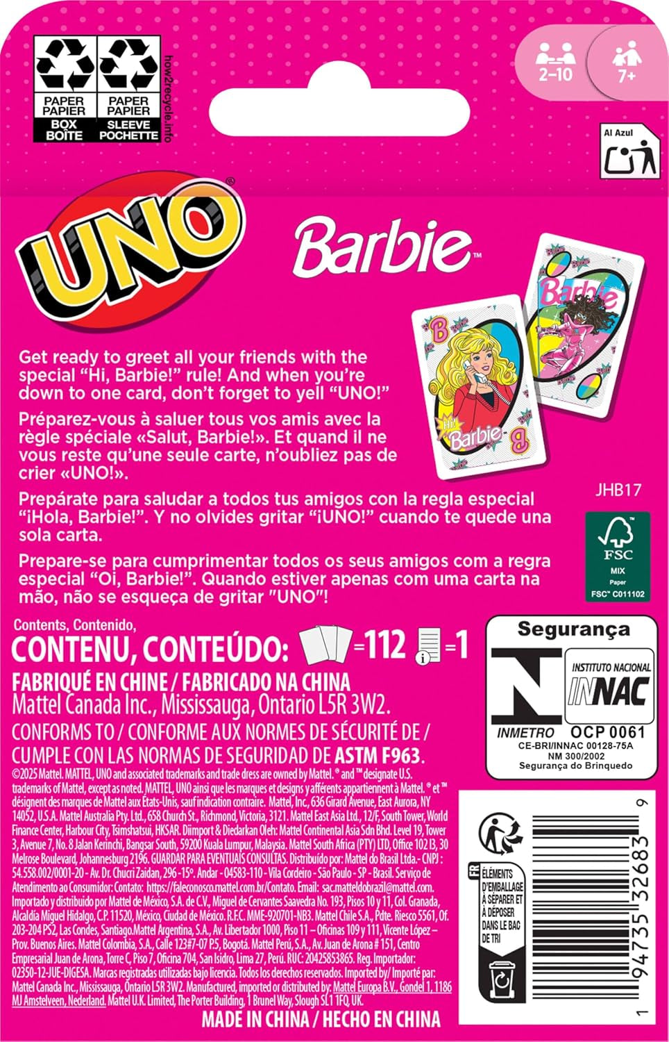 UNO Barbie Card Game with Special "Hi, Barbie!" Rule for Children, Adults & Family Nights, Game Nights, Travel, Camping & Parties
