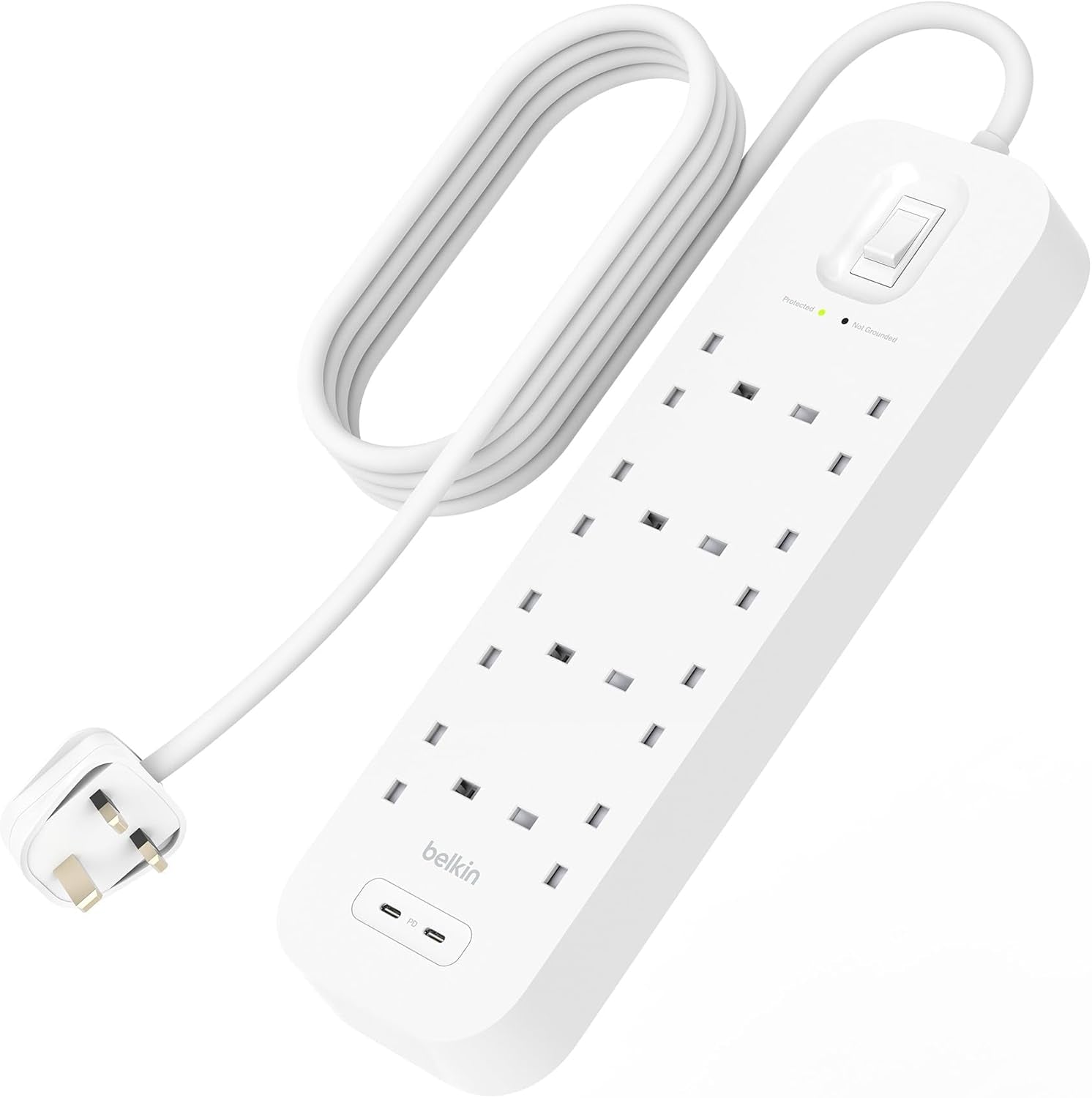 8-Outlet Surge Protector Power Strip, Wall-Mountable with 8 AC Outlets, 2M Power Cord, & Green Indicator Light - 2 USB-C Ports W/Usb-C PD Fast Charging - 900 Joules of Protection