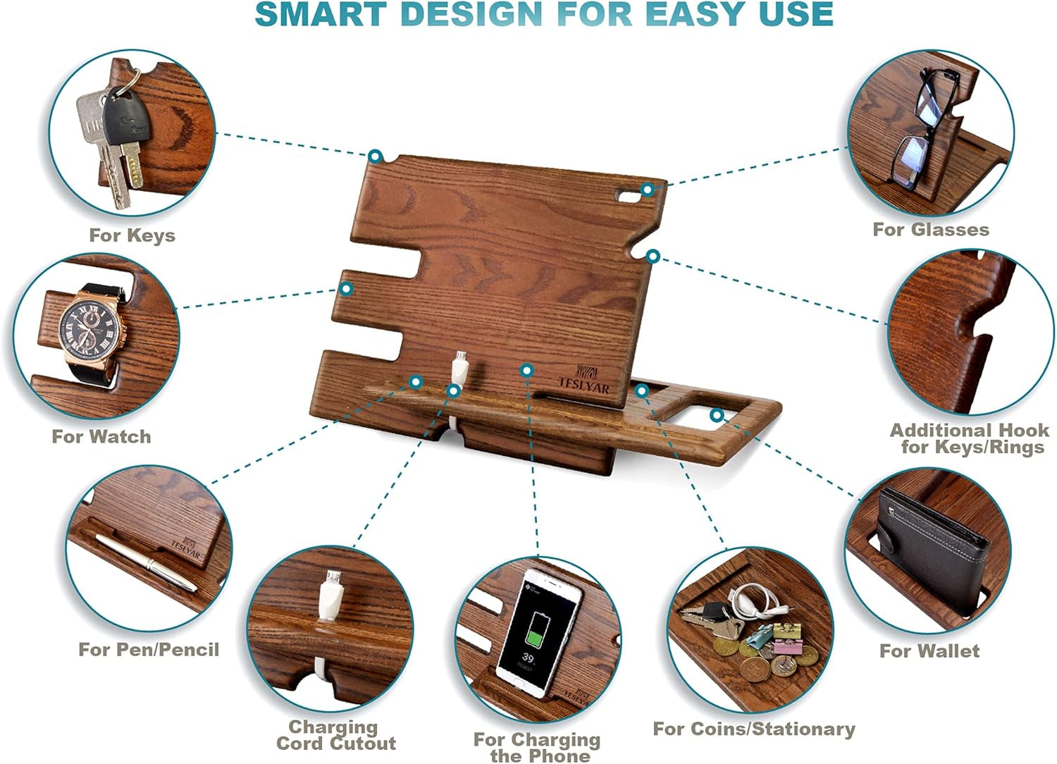 Gifts for Men Wood Phone Docking Station Fathers Gifts Key Holder Wallet Stand Watch Organizer Xmas Gift Anniversary Dad Birthday Nightstand Father Gift for Him (Beige)