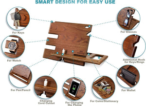 Gifts for Men Wood Phone Docking Station Fathers Gifts Key Holder Wallet Stand Watch Organizer Xmas Gift Anniversary Dad Birthday Nightstand Father Gift for Him (Beige)