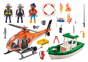 PLAYMOBIL Coastal Fire Rescue Mission | Helicopter, Boat & 3 Figures | Rescue Playset