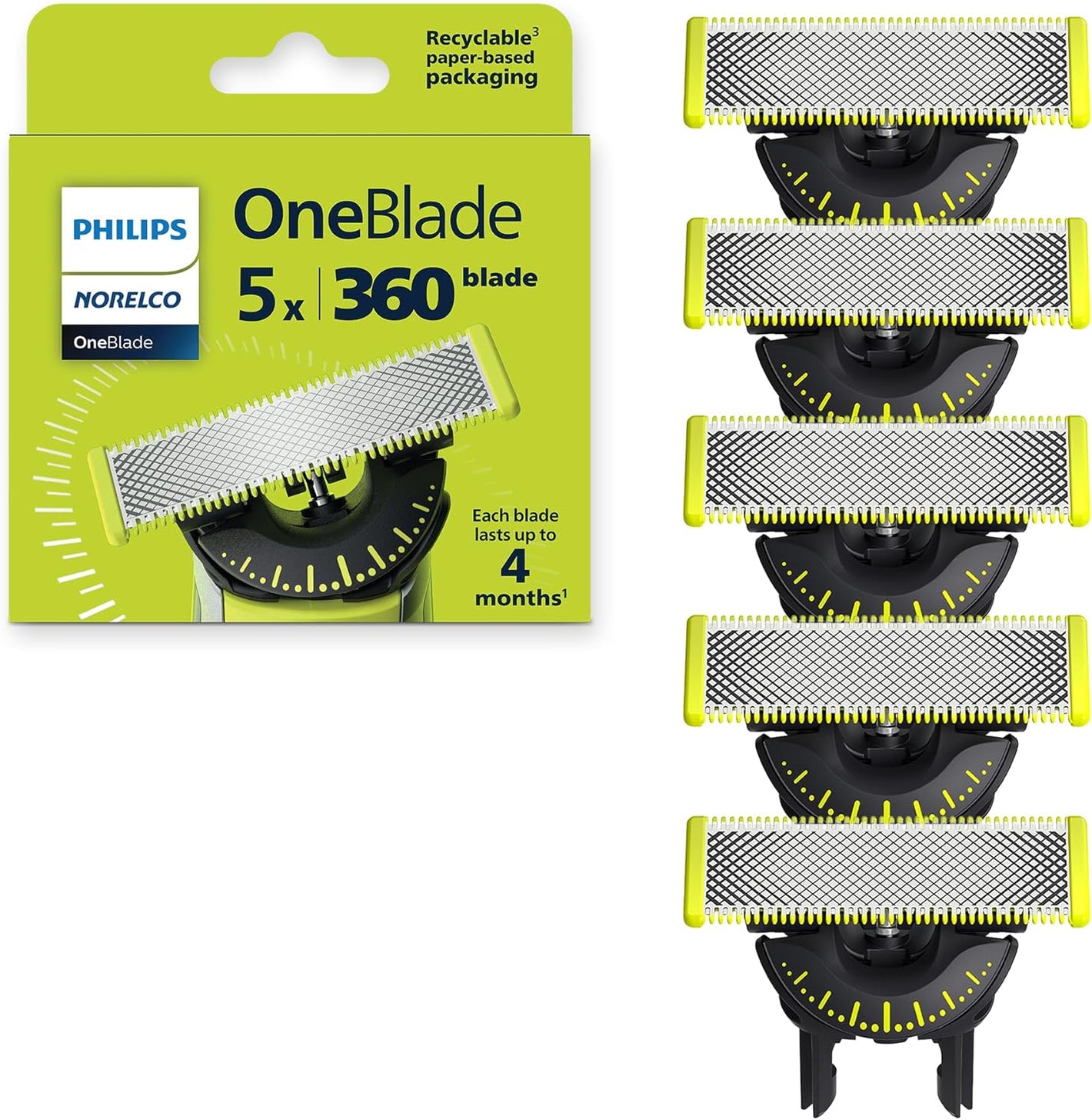 Philips  Oneblade 360 Blades, Genuine Replacement Blades for Oneblade Electric Shaver and Trimmer, Durable Stainless Steel, 5 Pack, QP450/80
