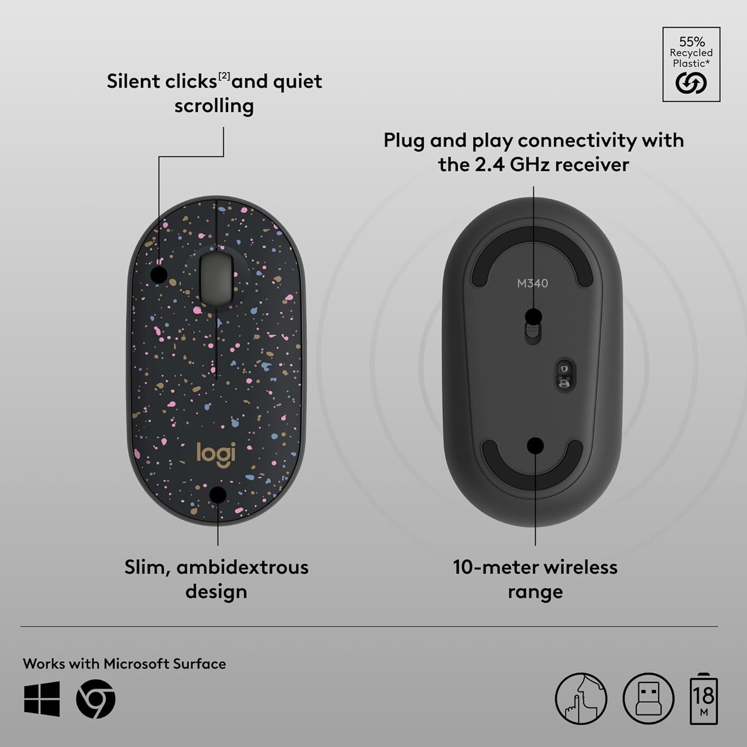 Logitech M340 Wireless Mouse with Limited Edition Prints, USB Receiver and Silent Clicks, Portable Wireless Mouse for Laptop, PC, Windows, Chrome, Surface – Speckles