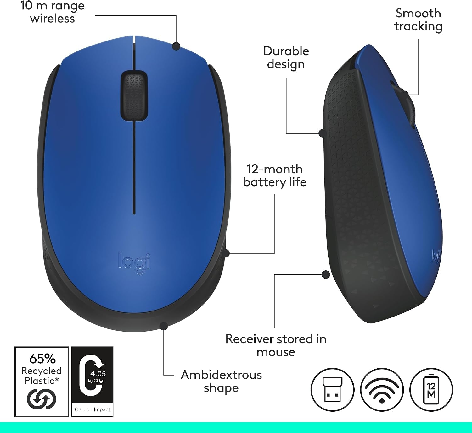 M170 Ambidextrous RF Wireless Mouse - Mouse (Ambidextrous, RF Wireless, Black, Blue)