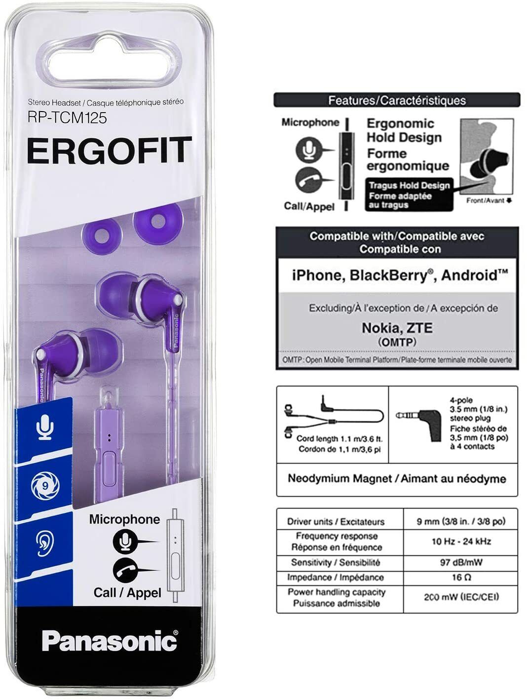 Panasonic Earphones  Earbud Microphone Purple image 0