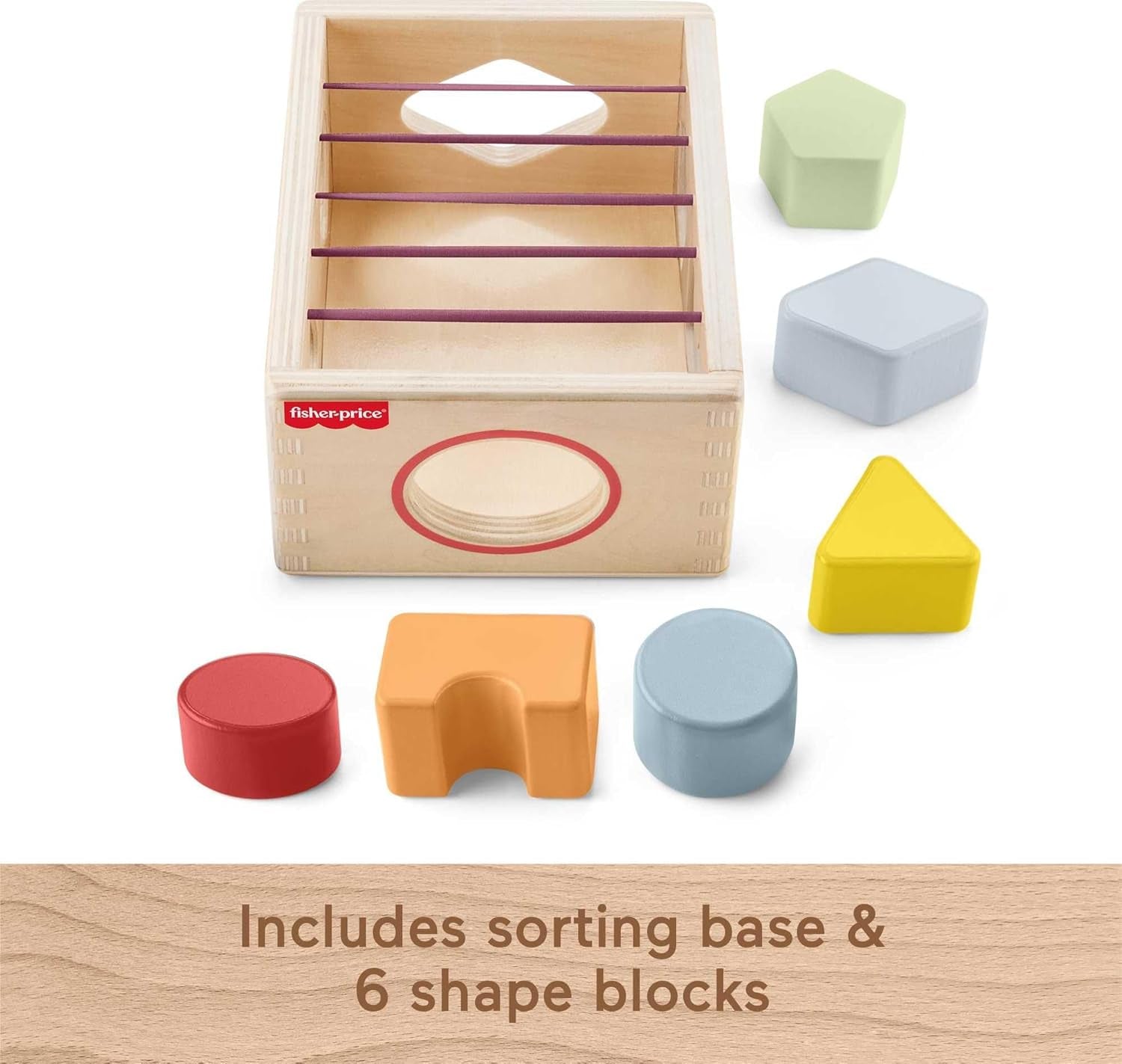 Fisher-Price Wood Baby Toy Flexi Shape Sorter, 7-Piece Wooden Activity with Elastic Bands for Infants & Toddlers Ages 9+ Months