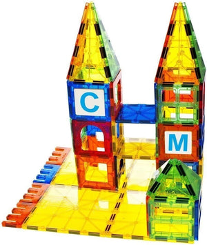 Mag-Genius Magnetic Building Tiles 199-Piece Set | 2 Car Bases | Letters & Castle Bonus | STEM Toy