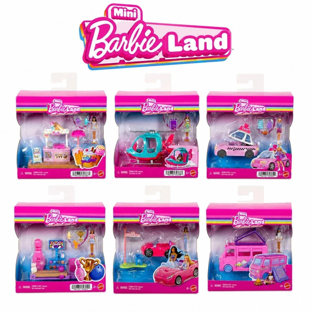 Barbie Mini Land Doll Playsets | Camper, Convertible, Taxi, Helicopter, Ice Cream & Bowling