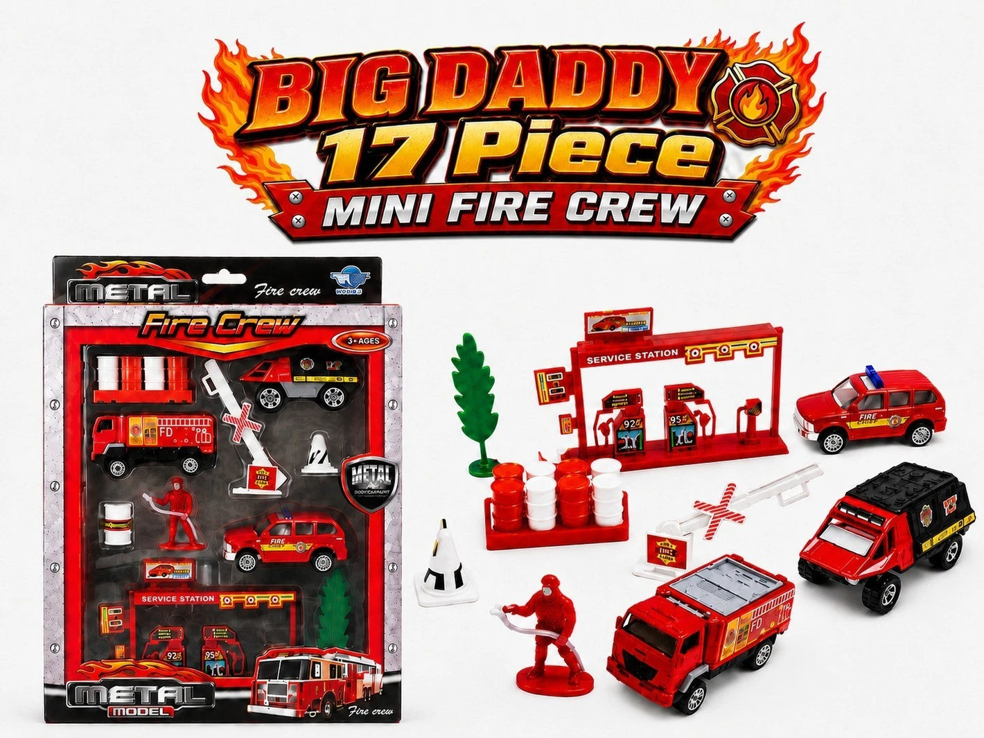 Big Daddy Mini Fire Crew 17-Piece Playset | 1:87 Scale | Fire Trucks & Accessories (style may vary)