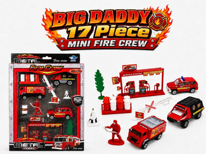 Big Daddy Mini Fire Crew 17-Piece Playset | 1:87 Scale | Fire Trucks & Accessories (style may vary)
