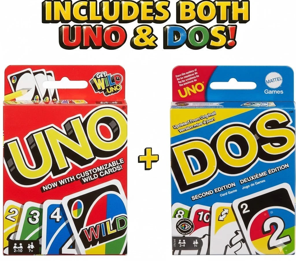 UNO & DOS Second Edition Card Game Bundle | 2 Games | Family & Party Card Games by Mattel