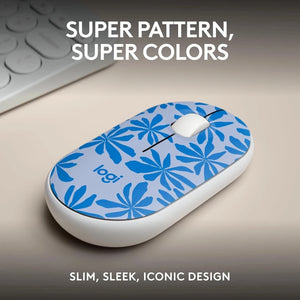Souris sans fil Logitech M340, clics silencieux, motif floral bleu
