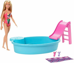 Poupée Barbie et piscine avec toboggan et accessoires